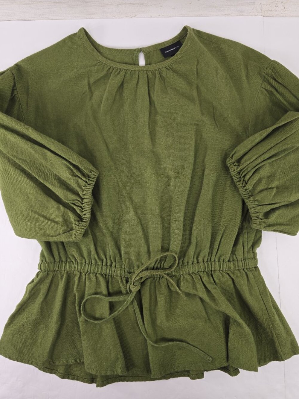 Who What Wear Olive Green Linen Peplum Blouse Sz SMALL Long Sleeve Tie Waist EUC